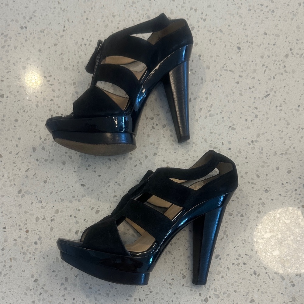 Christian Louboutin Black Patent and Suede Strappy Platform Heels